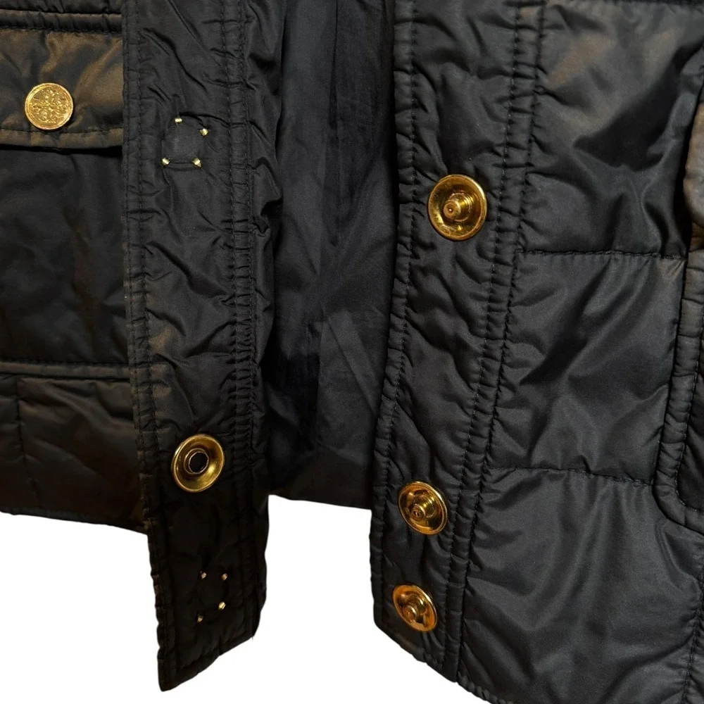 Tory Burch Black Quilted Puffer Vest Gold Logo Snap Button Preppy Luxury Large L